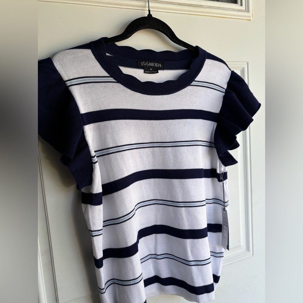 Moda Navy and White Striped Top with Scallop Neckline